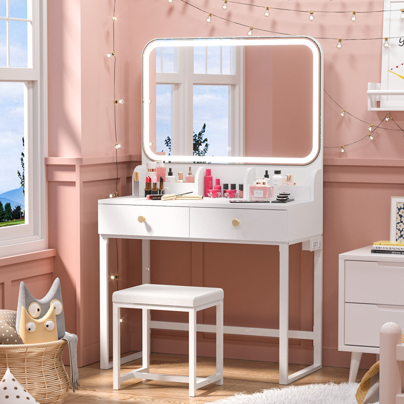 Leileen 31.5" W Makeup Vanity Set With LED Lighted Mirror & Power Outlet & Stool