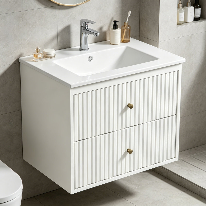 24 Inch White Wall Mounted Bathroom Vanity Combo Set, Floating Storage Cabinet With 2 Fluted Drawers And Integrated Sink For Household Bathroom Use