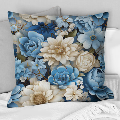 White And Blue Bouquet Bliss Floral Pattern II - Floral Printed Throw Pillow