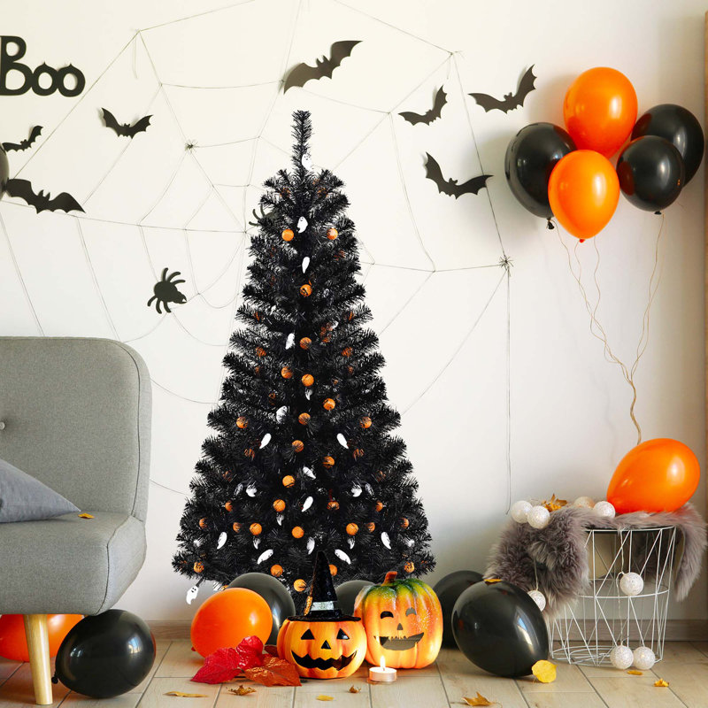Arbre d'Halloween artificiel 4,5 pi avec 281 branches et 65 lumières citrouilles orange 
