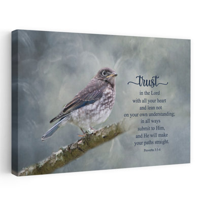 «Trust In The Lord» - Bluebird contemporain perché sur une branche - Écriture spirituelle - Proverbes 356