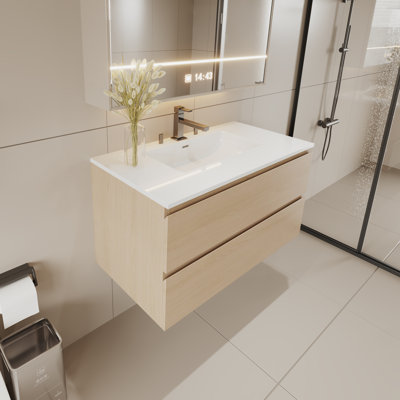 Wall-Mount Bathroom Vanity – Modern Floating Vanity With Soft-Close Drawers, Laminate Doors, Plywood Construction,   24" Width