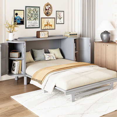 Grand lit gris avec détails tissés et options de rangement supplémentaires