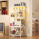 Bakers Rack With Power Outlet & LED Lights, Adjustable Shelf, 4 Tiers Microwave Stand With 8 Hooks