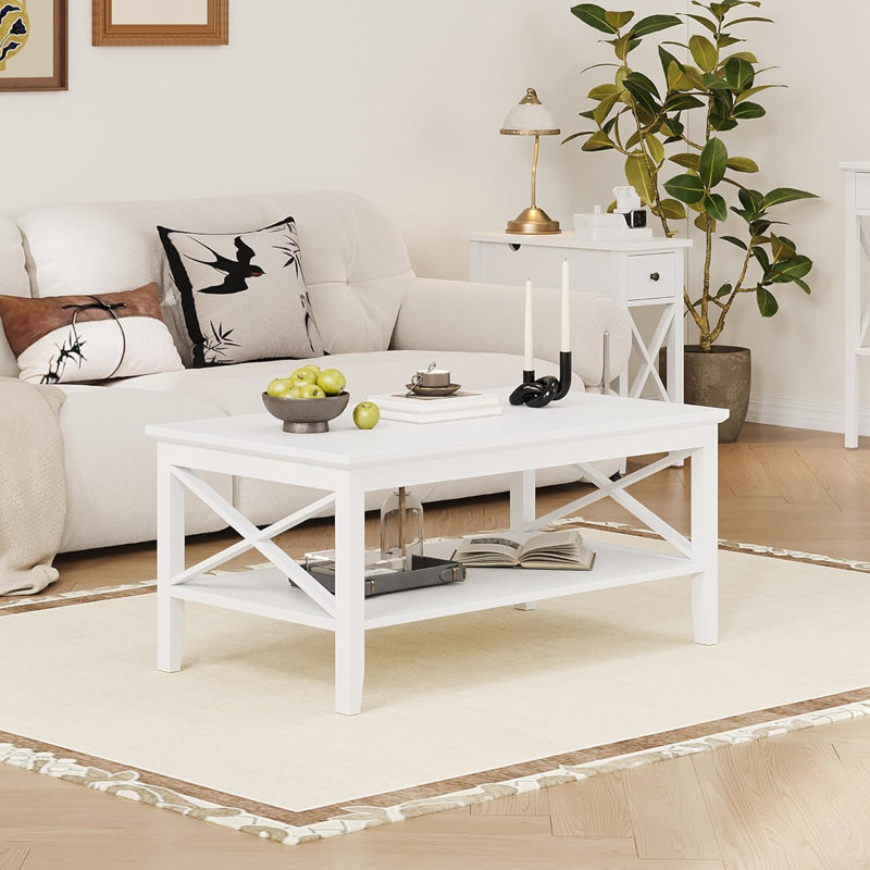 Coffee Table With Classic X-Design, Rectangular Modern Cocktail Table With Storage Shelf