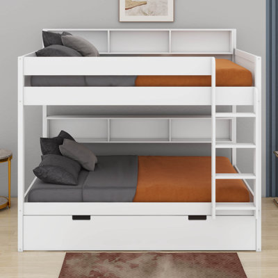 Lit superposé avec lit gigogne et tablettes de rangement, lit superposé en bois avec échelle et garde-corps