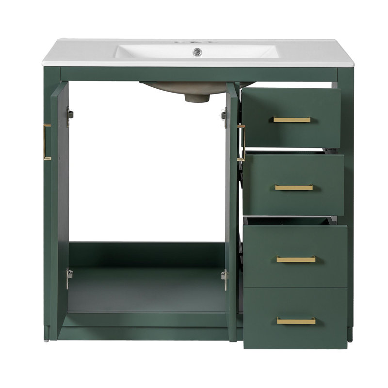 Meuble-lavabo de salle de bain avec lavabo en céramique, Vert, 36