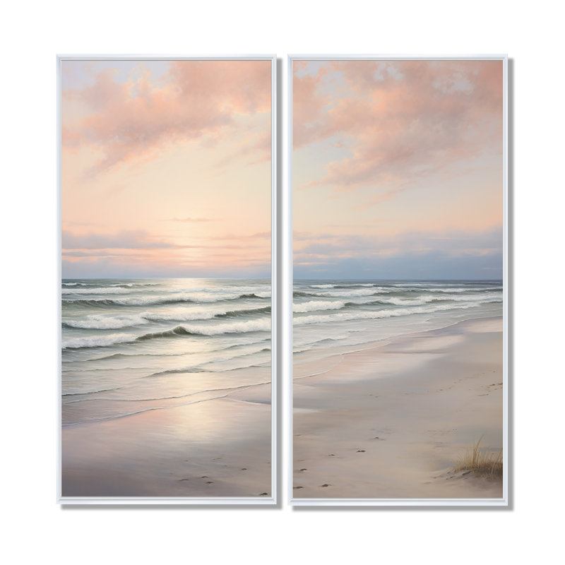 Plage sereine douce rose pastel lever de soleil - impressions sur toile côtières, H 40 po x l 40 po, Blanc