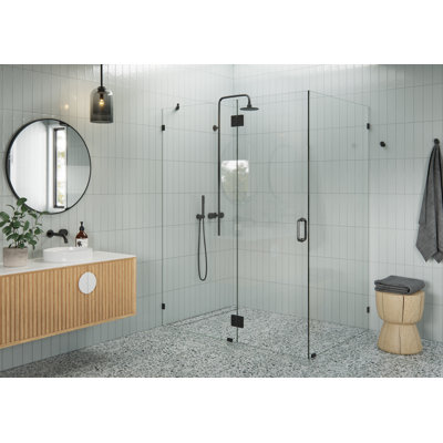 Halo 59 in. x 39 in. x 78 in. 90-degree Fully Frameless Glass Hinged Shower Enclosure