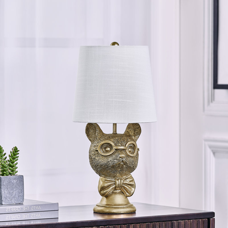 Lampe de table 20 po en résine dorée avec lunettes et abat-jour en lin, Doré, Blanc