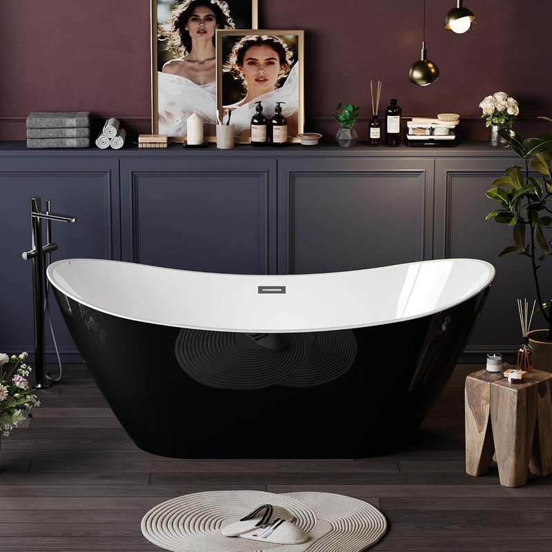 59"/67" Freestanding Acrylic Bathtub, Double-Ended Yuanbao Soaking Tub, Inside White Outside Black