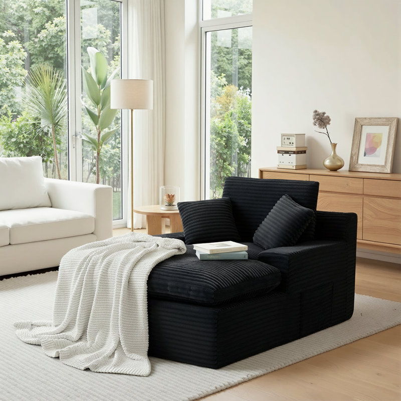 Fully Assembled Compression Corduroy Chaise Lounge Chair Singe Sofa with 3 Pillows, Black