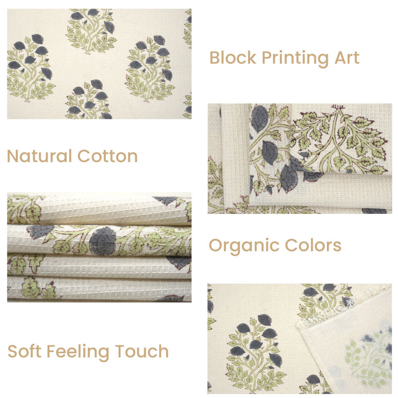 Winston Porter Block Print Waffle Weave Set of 2, 100% Cotton Fabric 17X32 Inch Floral Hand Towel, Gray