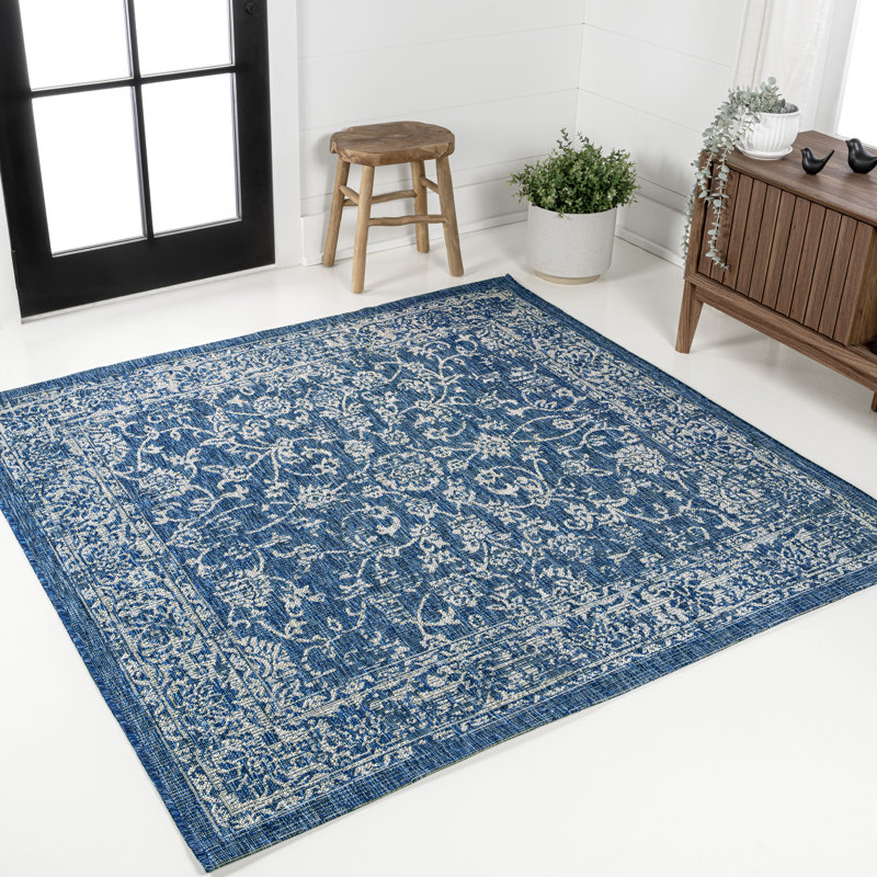 Leonora Bohemian Textured Weave Floral Navy/Gray Indoor/Outdoor Rug, Square 6'7"