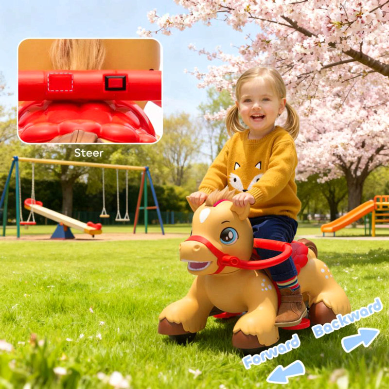 Cheval à bascule interactif pour enfants, jouet à chevaucher avec lumières, sons et rangement pour des moments de jeu et d'apprentissage captivants.