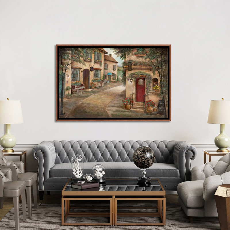 Café pittoresque par Ruane Manning - reproduction d'art, H 40 po x l 60 po x 1,5 po, Toile avec cadre brun, Aucun mat