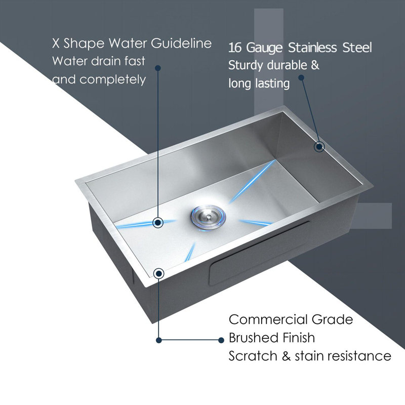 33 Inch Undermount Stainless Steel Kitchen Sink, 16 Gauge, 9 Inch Deep, Single Bowl, with Drain Assembly, Durable and Easy to Clean