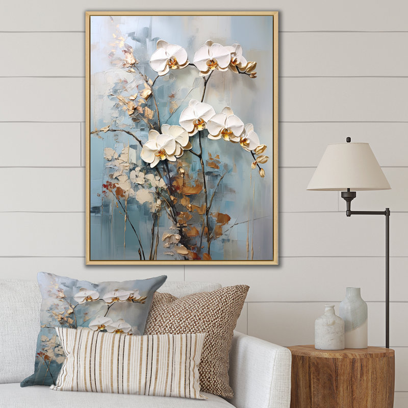 Orchidée beige et or sur toile, H 32 po x l 16 po x P 1 po, Cadre naturel flottant