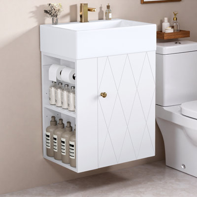 Meuble-lavabo de salle de bain avec lavabo en céramique, porte à motif de losanges, poignée dorée, tablettes de rangement latérales et barre à serviettes intégrée