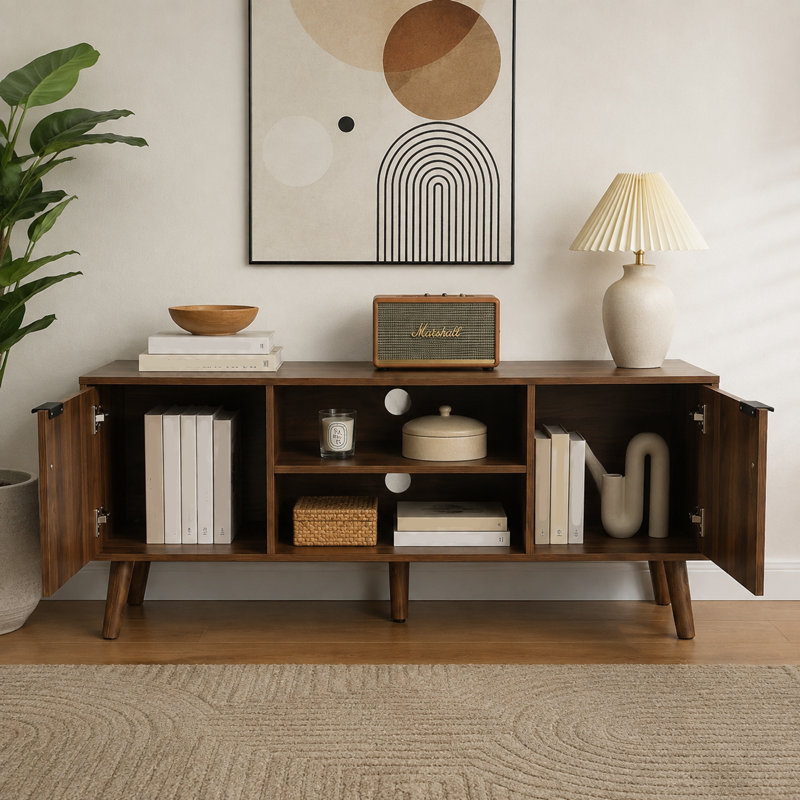 Meuble télé de 120 cm (47,2 pouces) pour téléviseurs jusqu'à 45 pouces, meuble multimédia de style moderne du milieu du siècle avec rangements pour salon et chambre.