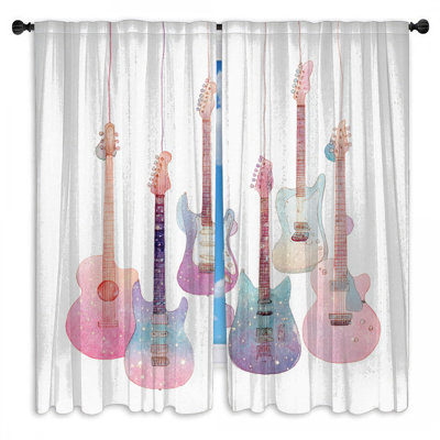 Watercolor Guitar Collection Window Curtains Guitars Sheer & Room Darkening - 2 Panels