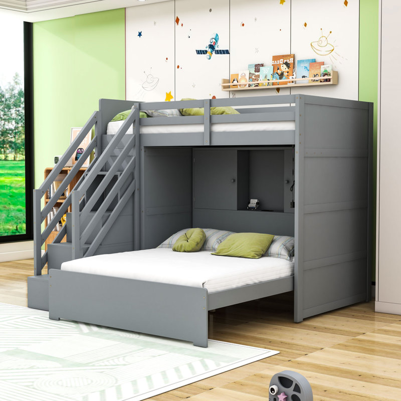 Twin over Full Wooden Loft Bed with Wardrobe, Built-In Shelving, Gray