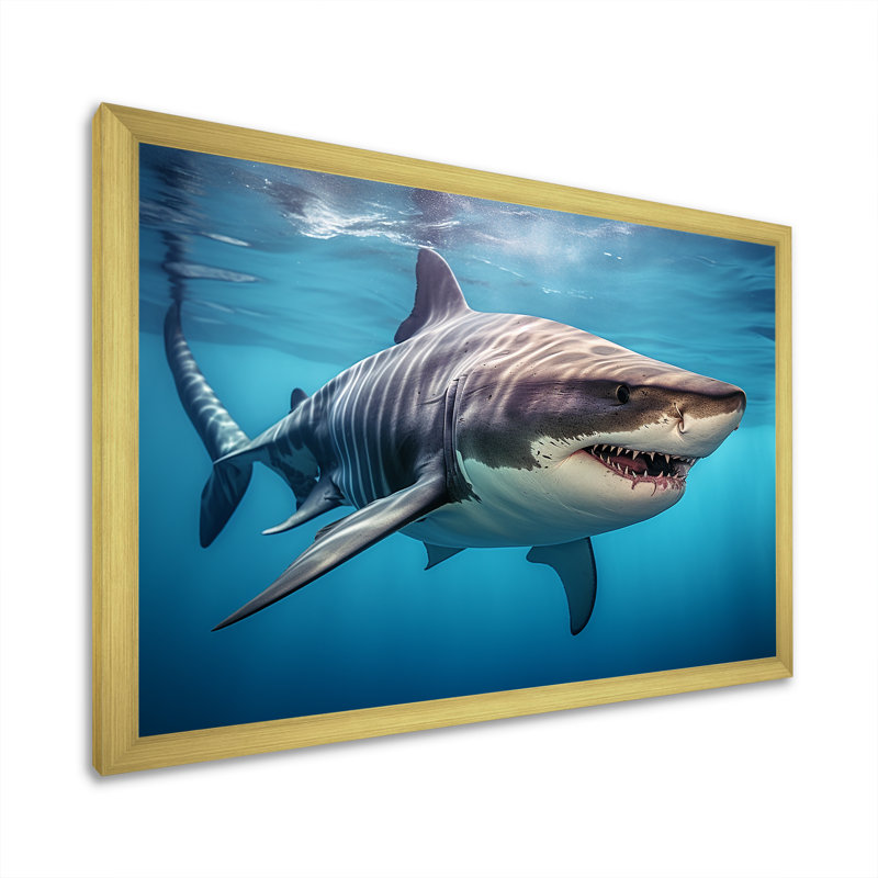 Tiger Shark Territory III - Shark Framed Wall Art, 30" H x 40" W x 1.5" D, Gold Single Picture Framed