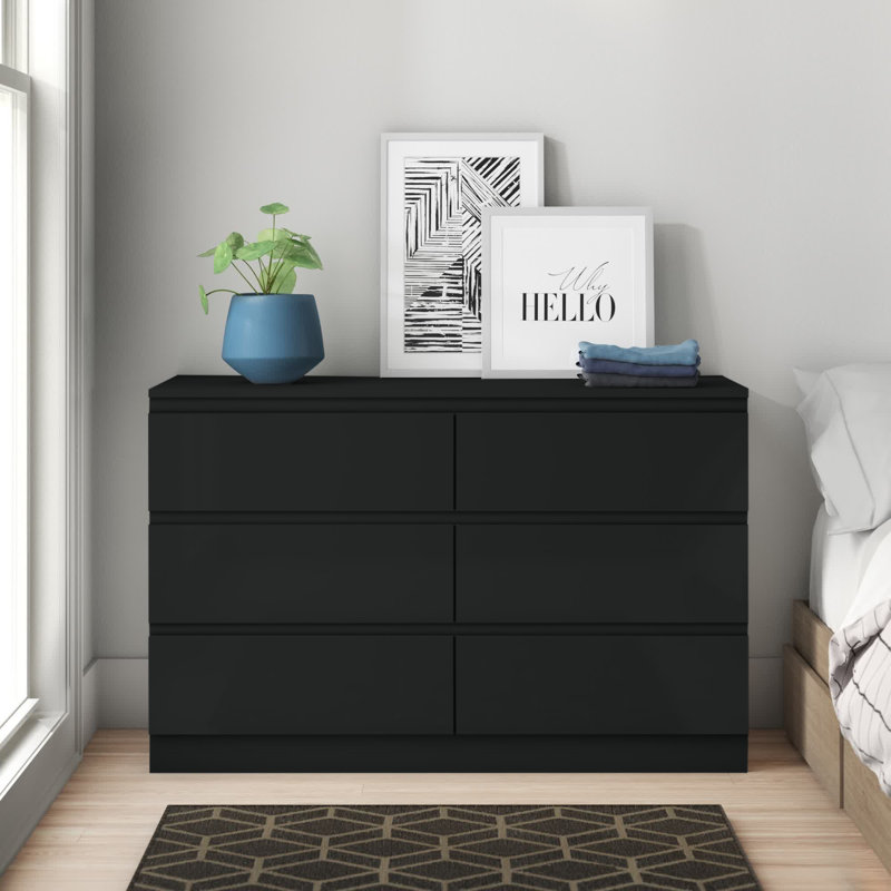 Carlton 6 Drawer Double Dresser - 3+3 Configuration, Scratch-Resistant, Handleless Design, Matte Finish. , Matt Black