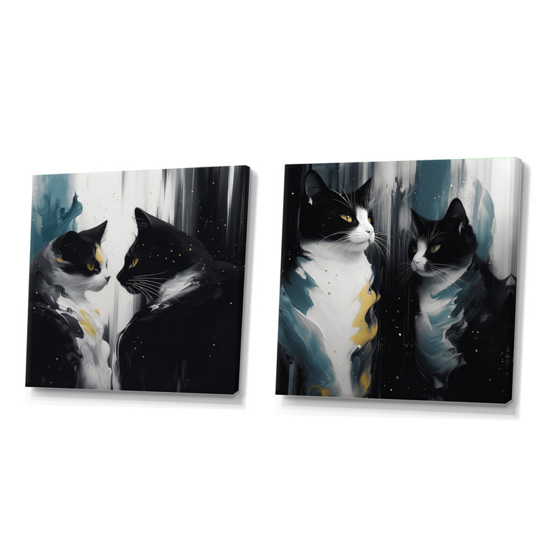 Ensemble de 2 chats blancs et noirs captivants, H 16 po x l 33 po, Toile tendue