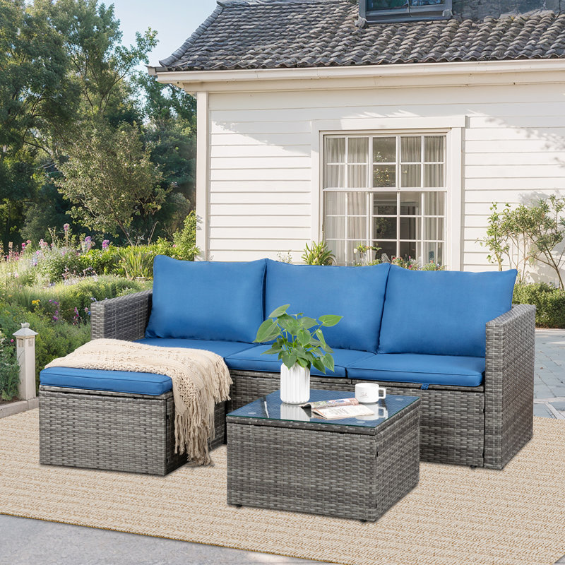 Harbaugh Wicker 3 - Person Patio Conversation Set with Cushions, Blue/Light Gray