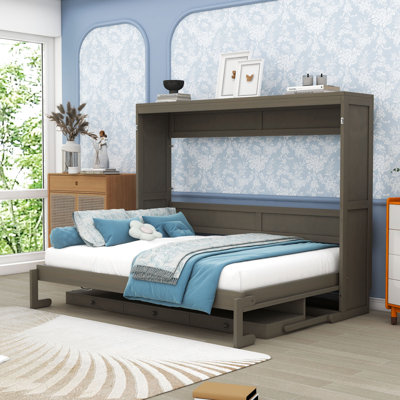 2 Drawers Queen Wall Murphy Bed with Vanity Desk and Mirror