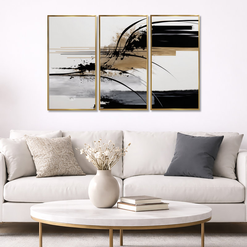 Avetik noir, blanc et or Expression II - ensemble d'art mural moderne sur toile, Impression encadrée, H 28 po x l 36 po, Doré