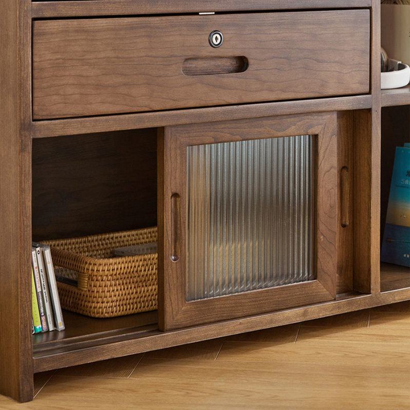 Bureau en bois massif en forme de L brun noyer + verre avec bureau à 2 tiroirs, Orienté à gauche (vu de face)
