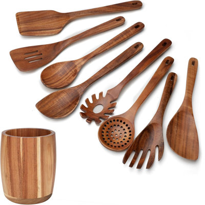 9-Piece Natural Teak Wooden Kitchen Utensil Set - Handmade Cooking Spoons, Spatulas, And Slotted Spoons For Non-Stick Cookware - Eco-Friendly Wood Spoon Set With Storage Barrel