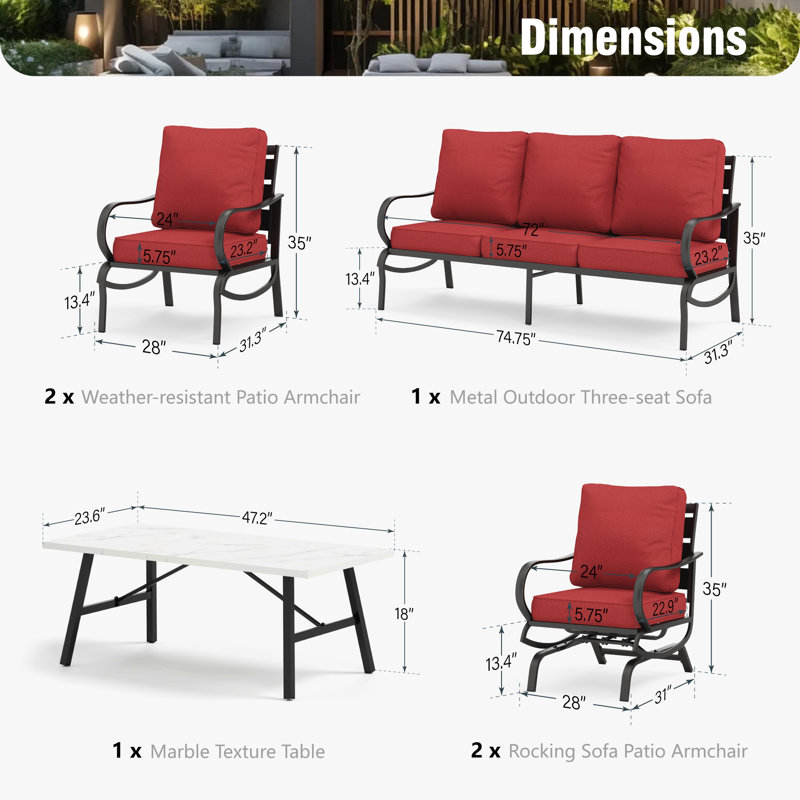 Ensemble de conversation pour patio 7 personnes avec 2 chaises berçantes et canapé Tapasi, Rouge