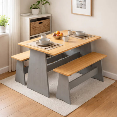 Chapman Minimal Solid Wood Three-Piece Dining Set With Table And Benches by Winston Porter