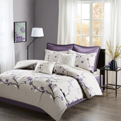 Édredon 8 pièces grand - coton mauve / taupe, rembourrage, coussins décoratifs brodés, imprimé, coussins et