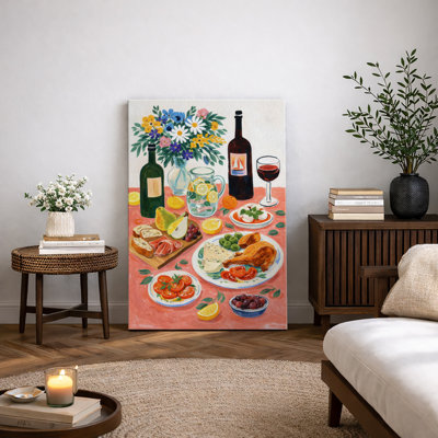 Mediterranean Food Table Still Life Artwork, Dining Room Pictures, Framed Canvas Giclee Print Wall Art