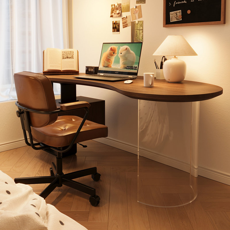 Bureau d'écriture en bois massif courbé noisette avec 2 tiroirs, Retour à gauche, H 29,53 po x l 62,99 po x P 30,31 po