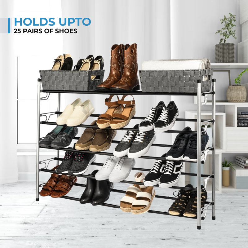 Expandable 5-Tier Silver Metal Shoe Rack