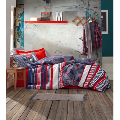 Ensemble de housse de courtepointe 100% coton Ranforce Young, rouge et bleu foncé, taille grand 63 x 87 | Comprend 1 taie d'oreiller 20 x 28 | Lavable à la machine, 145 fils, impression élégante de pigment, fermeture à boutons durable