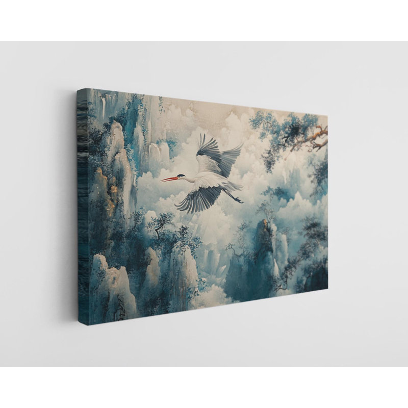 Superbe grue blanche survolant des montagnes bleues brumeuses, reproduction d'art sur toile tendue à la main pour la maison, reproduction de peinture