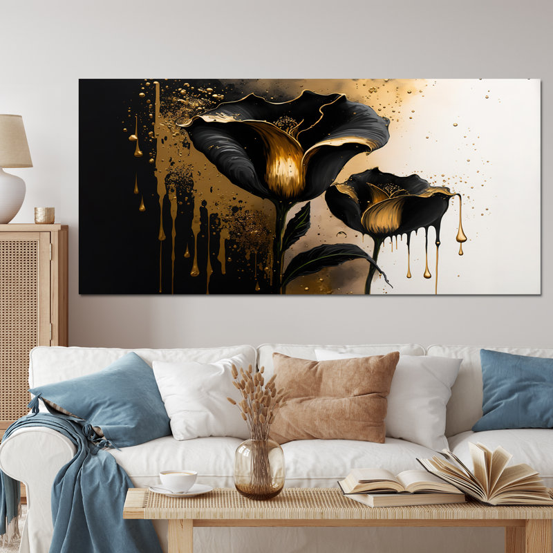 Décoration murale noire et dorée Cally Lillies - Calla Lily, Toile tendue, H 28 po x l 60 po x P 1,5 po