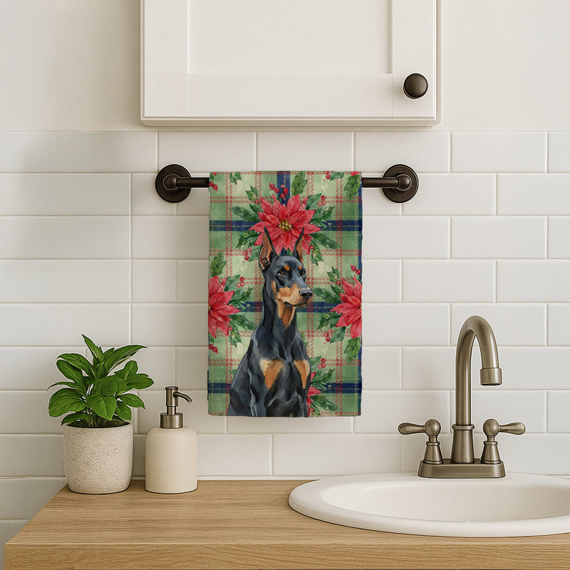 Doberman Pinscher Christmas PoinsettIas Kitchen Towel, Black/Brown Doberman Pinscher