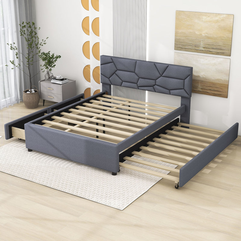 Lit plateforme tapissier à deux tiroirs avec tête de lit et lit gigogne à motif brique, Complète, gris