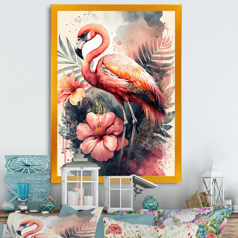 «Stunning Flamingo Floral I», impression sur toile, Cadre photo doré, H 40 po x l 30 po x P 1,5 po