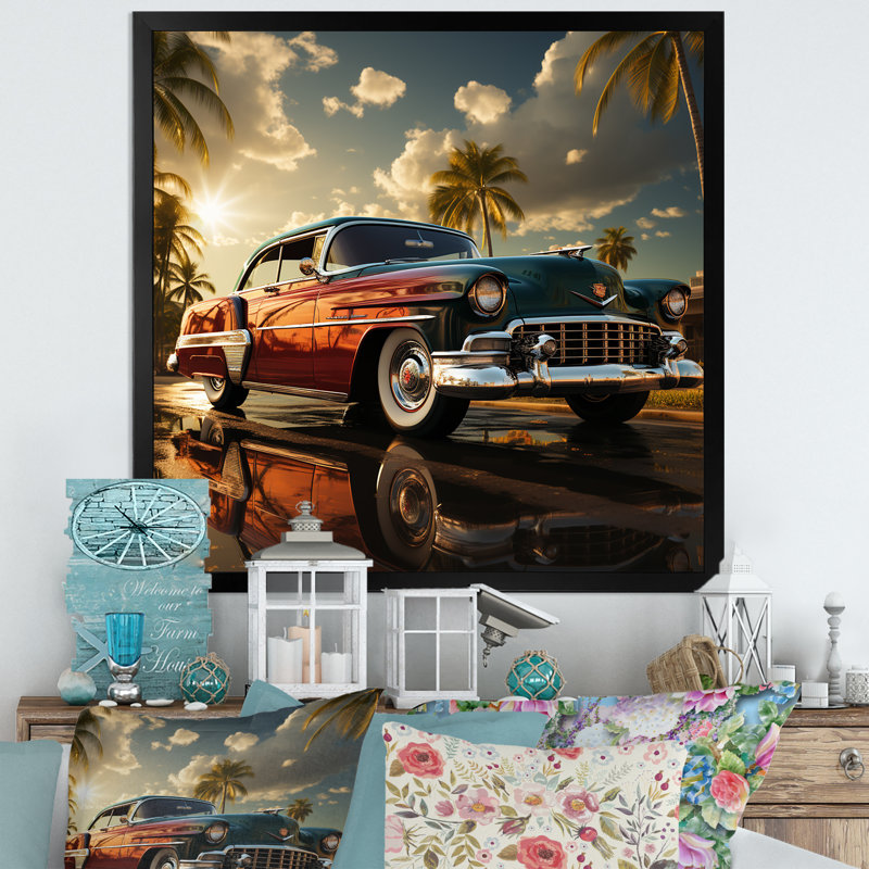 Voiture rétro classique rétro rouge I, Cadre simple noir, H 36 po x l 36 po x P 1,5 po