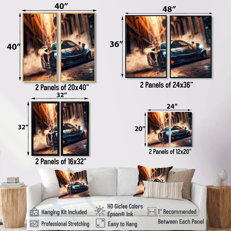 «Futuristic Black Bugatti Sports Car Racing - Cars Race Car», impressions sur toile, art mural bleu 2 pièces, Argent argent