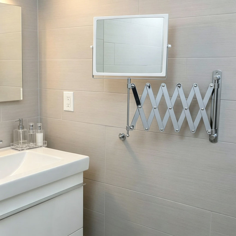 Miroir mural pivotant à deux côtés avec grossissement 5X, bras d'extension de 30 pouces, miroir de meuble-lavabo réglable pour la salle de bain, grossissement 1X et 5X, chrome et blanc, J2020C
