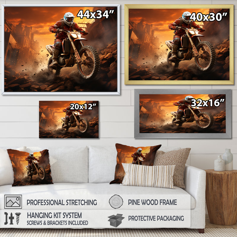 Orange And Black Dirt Bike Rider III - Motorcycle Wall Art, Wrapped Canvas, 16" H x 32" W x 1" D